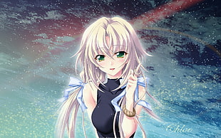 female anime character with white long hair wearing black sleeveless top